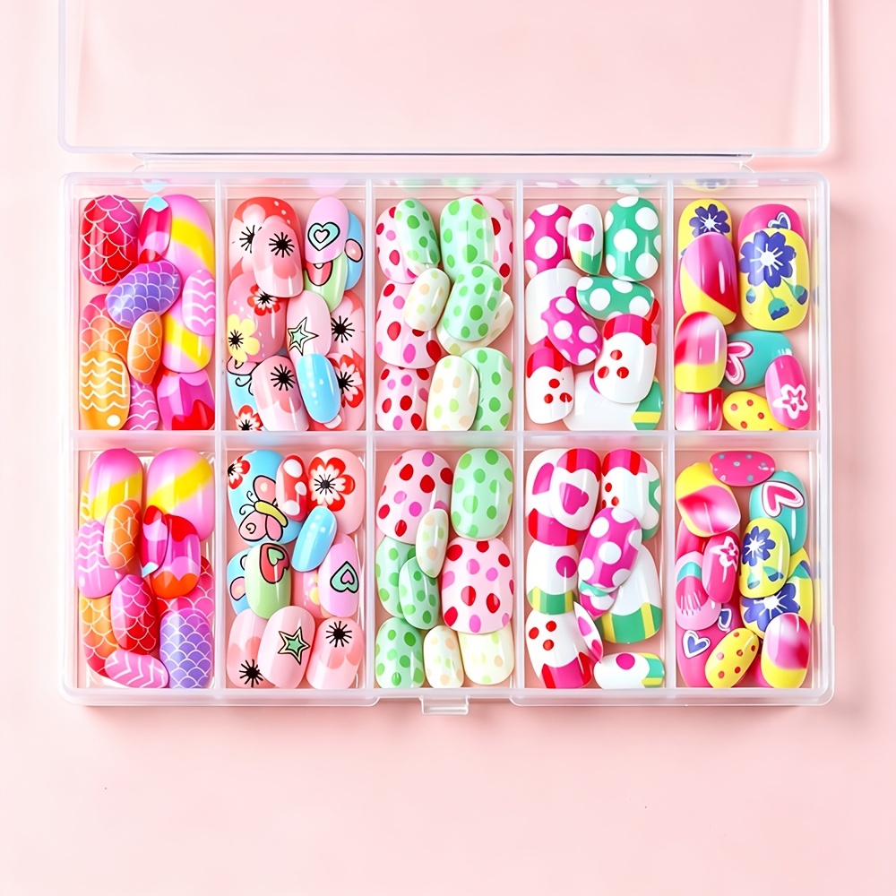 TEMU 120pcs Kwaii Short Square Press On Nails, 10 Grids Full Cover Fake Nail Tips, Cute Cartoon Star Floral Polka Dot Printed False Nails, Colorful