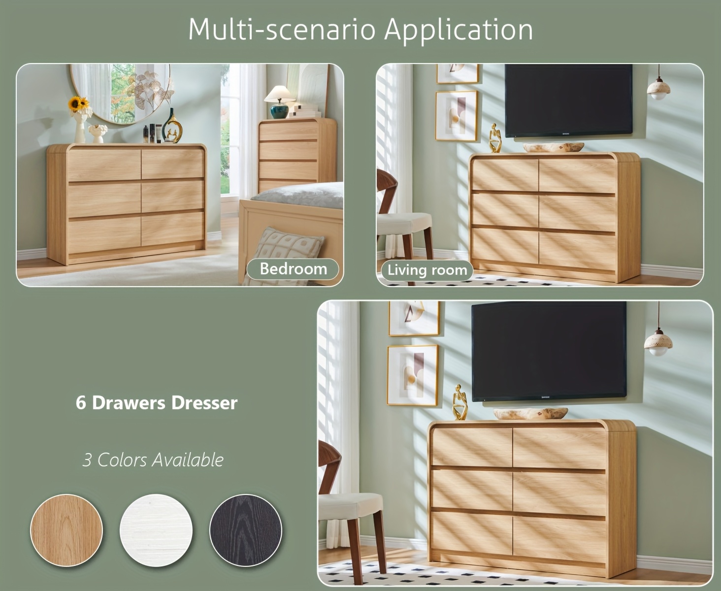 Modern Bedroom Drawer Dresser, Curved Profile Design Drawer Cabinet, Wooden Mid-Century Style Storage Dresser, for Bedroom And Living Room, Natural Oak