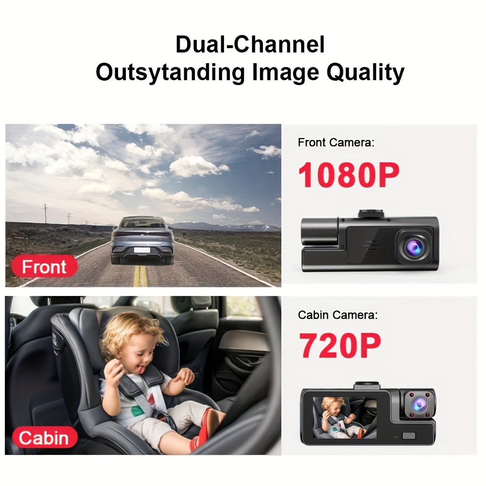 Dual Dash Cam with 1080P Front and 720P Interior, Night Vision