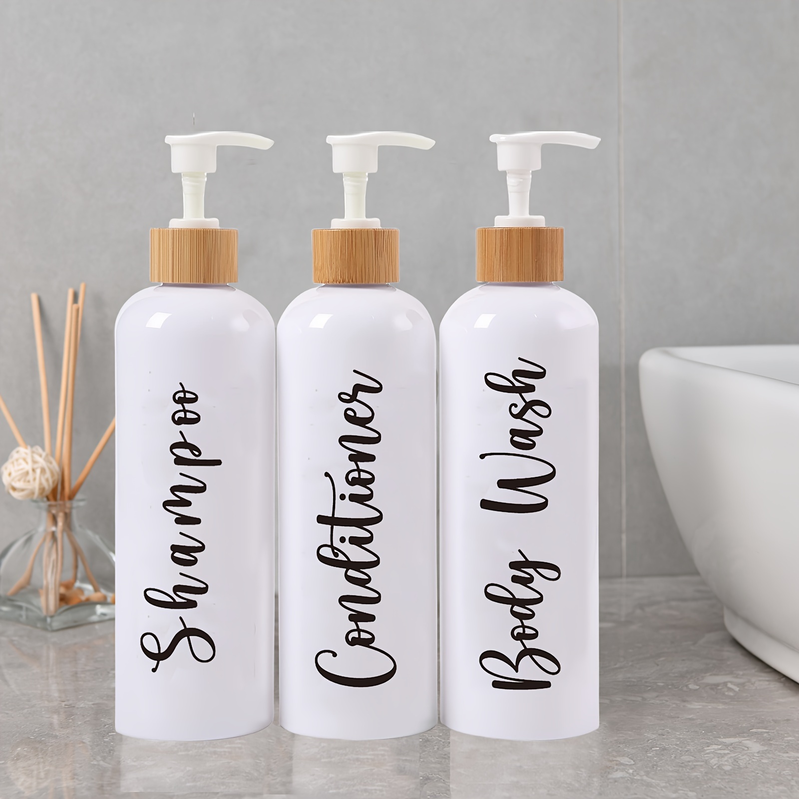 

3pcs Plastic Refillable Dispenser Bottles With Pumps, Waterproof Labels For Shampoo, Conditioner, Body Wash - Bathroom Countertop Essentials, Modern Home Decor