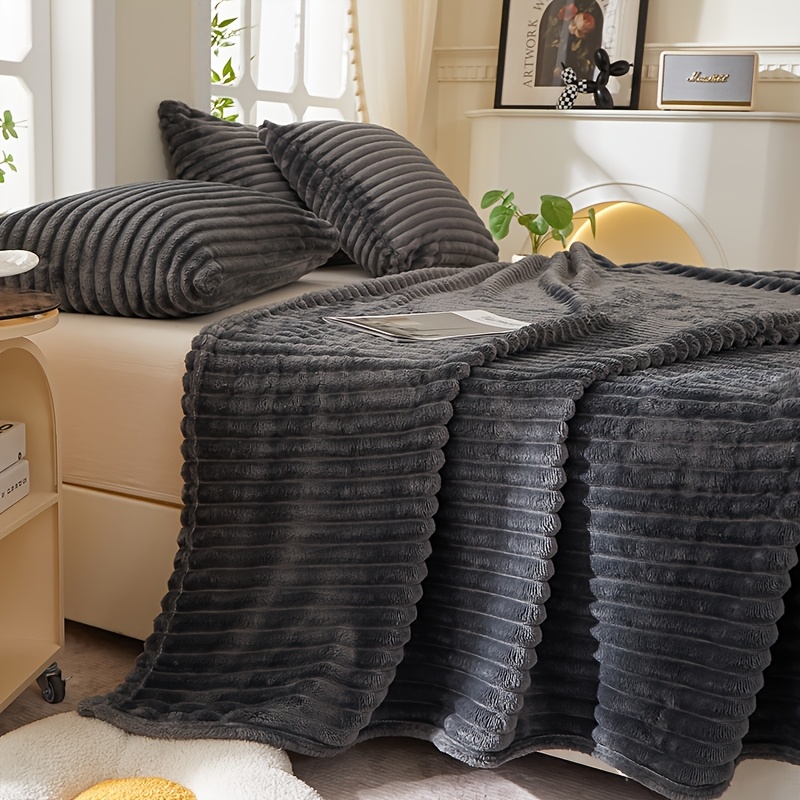 TEMU Luxury Wide Striped Flannel Blanket, Ultra -friendly Warm Throw Blanket, Versatile Blanket For Office Nap, Sofa, Outdoor Camping, Home Decor &