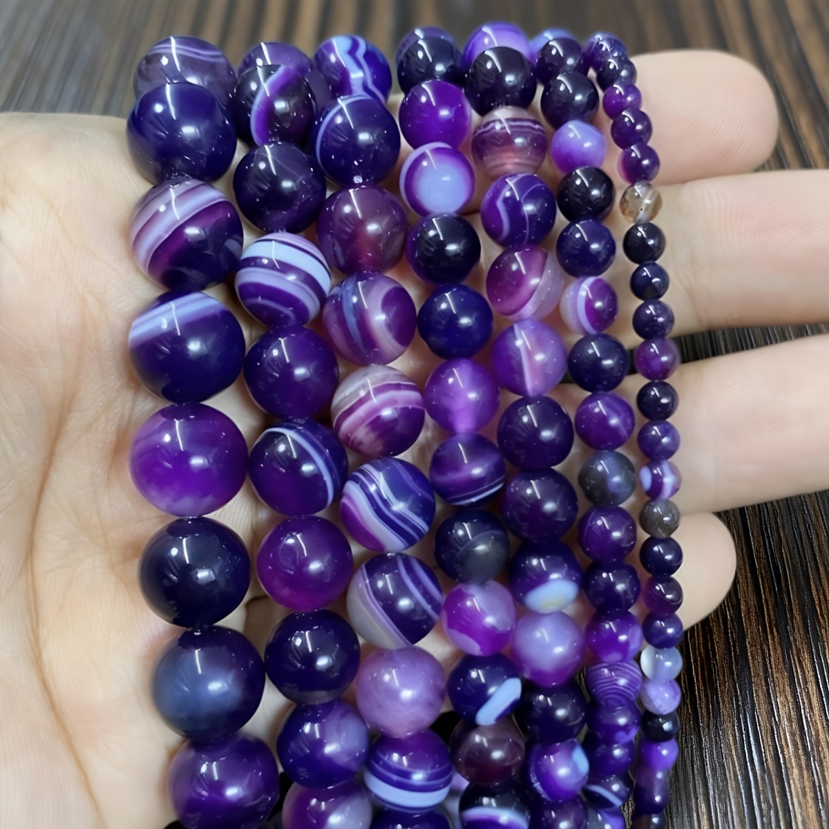 TEMU Natural Purple Striped Agate Beads - 6/8/10mm Round Beads With Purple Veins, Polished Smooth Spherical Shape, Suitable For Jewelry Making,