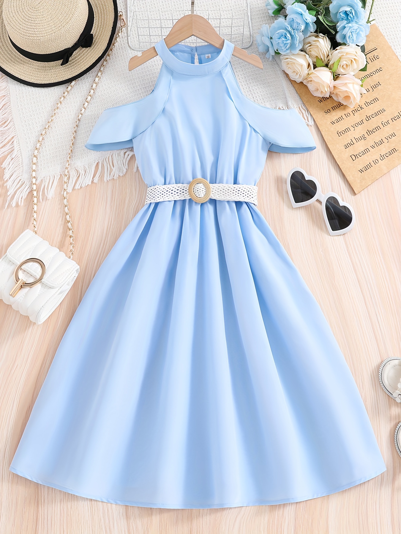 elegant girls solid cold shoulder belted dress summer Temu Kuwait