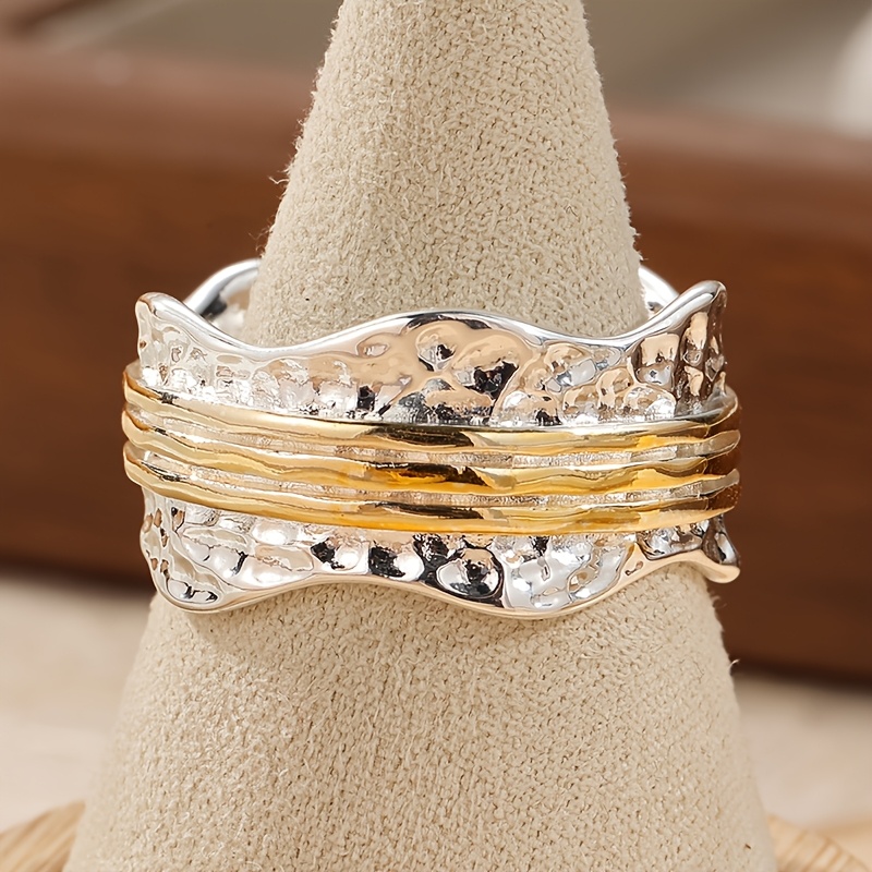 טבעת ספינר מרוקעת לנשים - עיצוב גלים רחבים לבנים בובהמי וינטג'נית ליום יום ולחג ההודיה עבורה, טבעות ותכשיטים וינטג' נוסח אר דקו, מורכתי מרקם