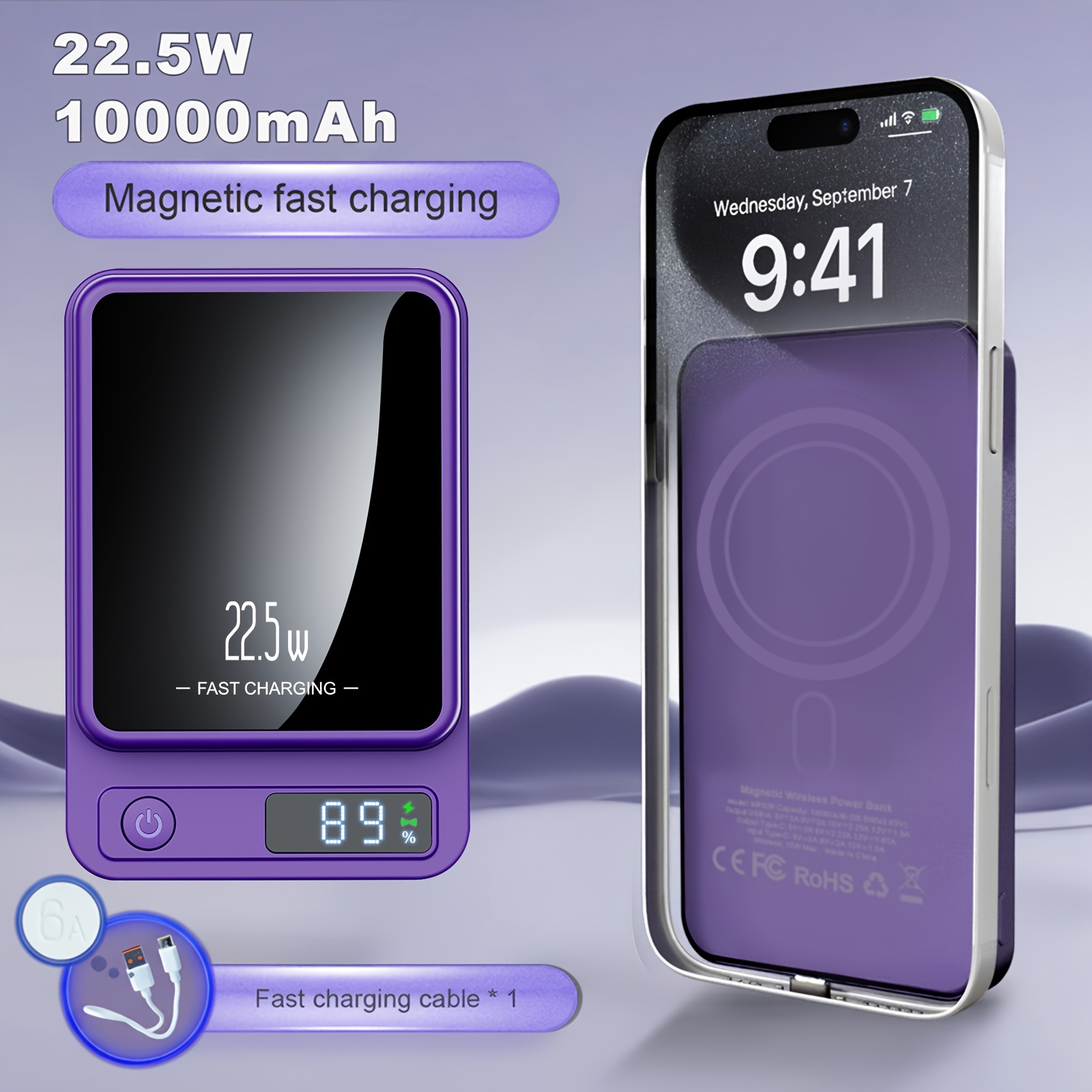 TEMU 5000mah/10000mah Magnetic Wireless Power Bank, 2 Outputs And Dual Input External Battery Pack, 22.5w/pd20w Fast Charging, Portable Charger With