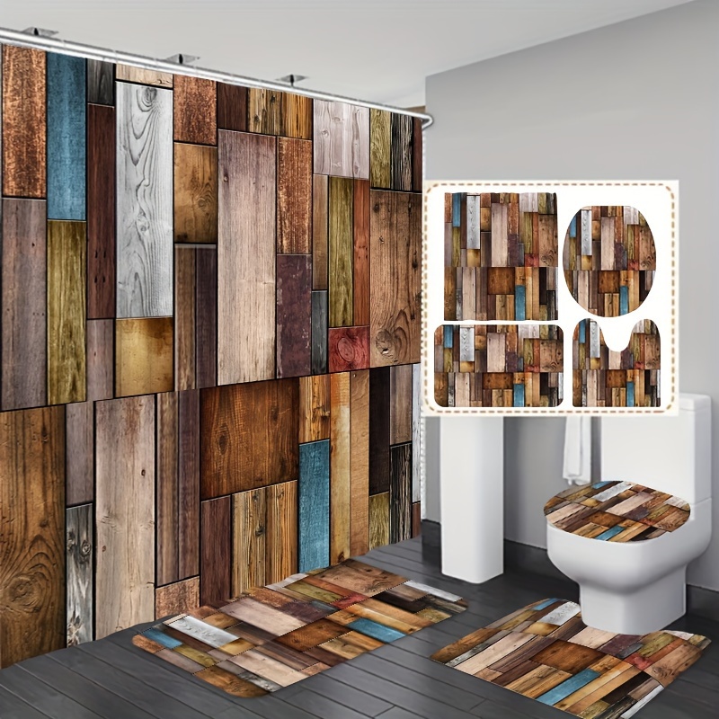 

1pc/3pcs/4pcs Wood Pattern Bathroom Set Including Shower Curtain - Set - Set