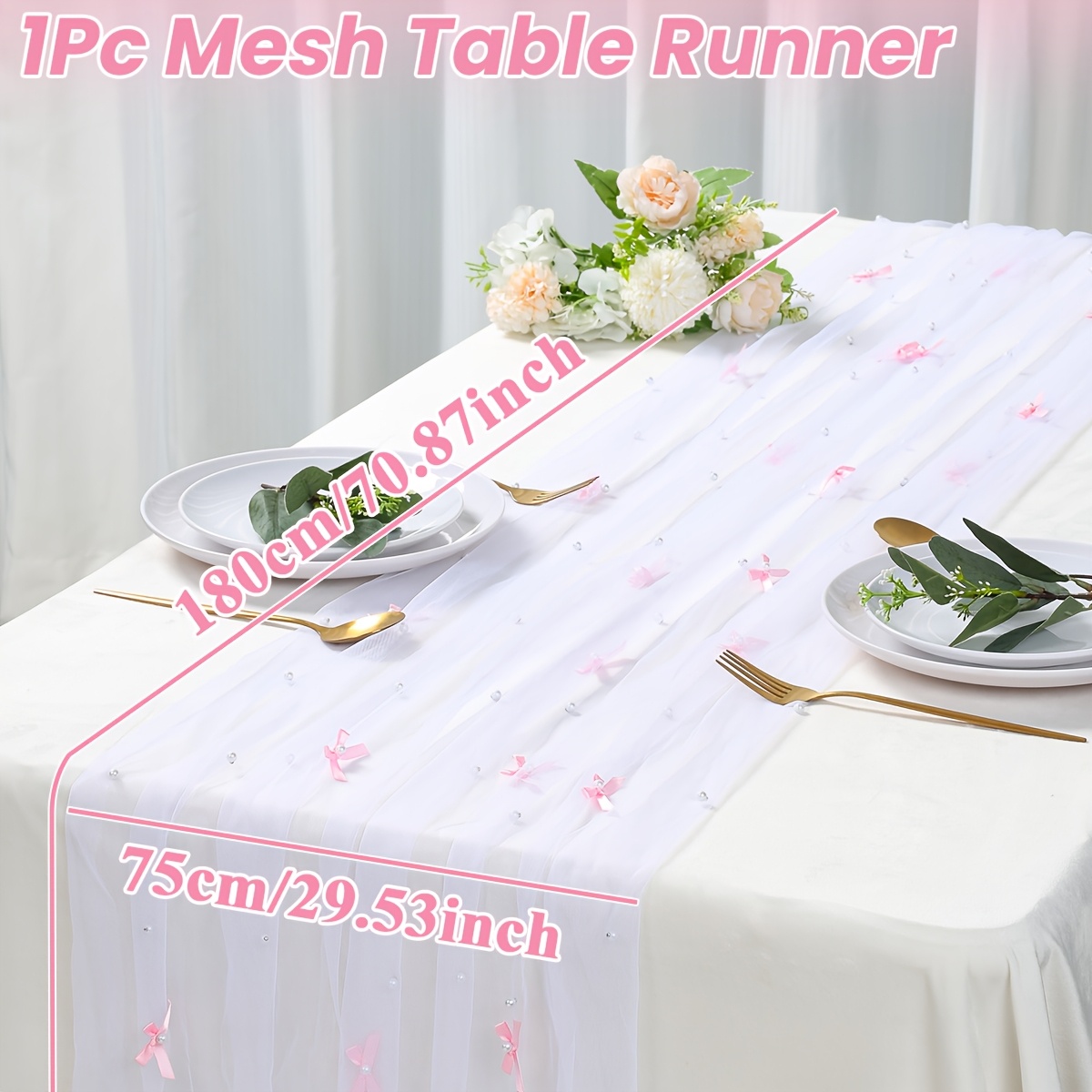 TEMU 1pc, White Mesh Table Runner, Pink Bow Decor Table Flag, Romantic Table Decor, Wedding Centerpiece And Chair Sash, Suitable For Wedding Banquet,