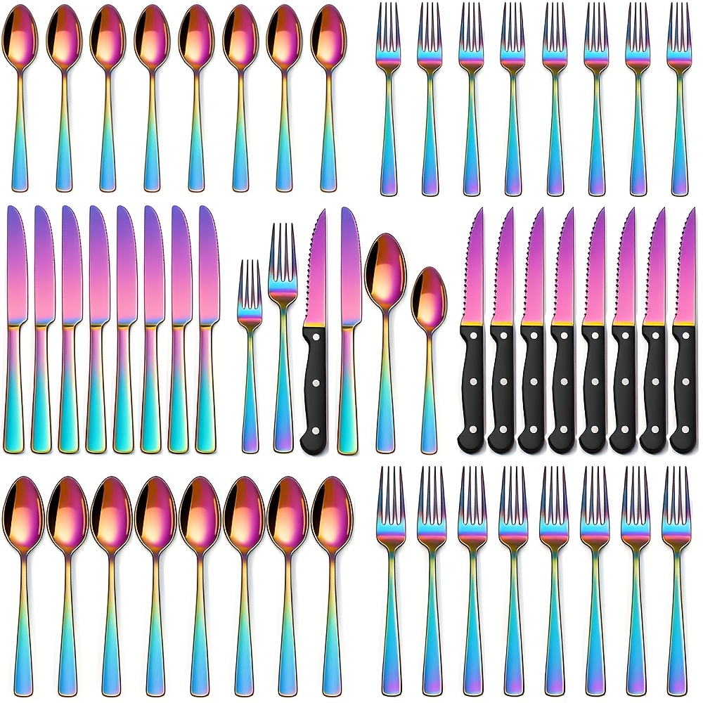 TEMU A 48pcs Rainbow Cutlery Set Including Steak Knives, Suitable For 8 People, Made Of Stainless Steel With A . Ideal For Dishwashers, Gifts,