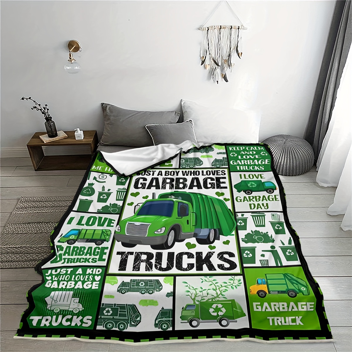 TEMU Soft & Cozy Green Truck Print Flannel Blanket - , For Decor &