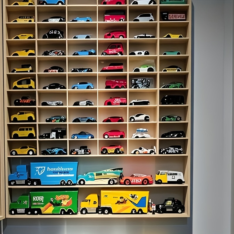 TEMU 1pc 62-slot Solid Wood Car Model Display Case Organizer - Grid Storage Shelf For Collectible Vehicles, Action Figures & Toys, Durable Wooden