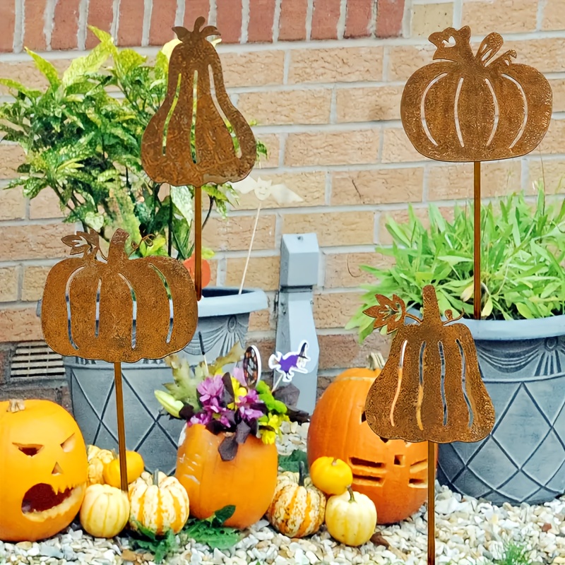 Image of [2d Flat] 4pcs Set Rustic Garden Stakes - Autumn Pumpkin And Maple Leaf Decor, Outdoor Lawn And Yard Planter Design, Easy-to-install Durable Metal Stands, Perfect Gift For Thanksgiving Or Halloween
