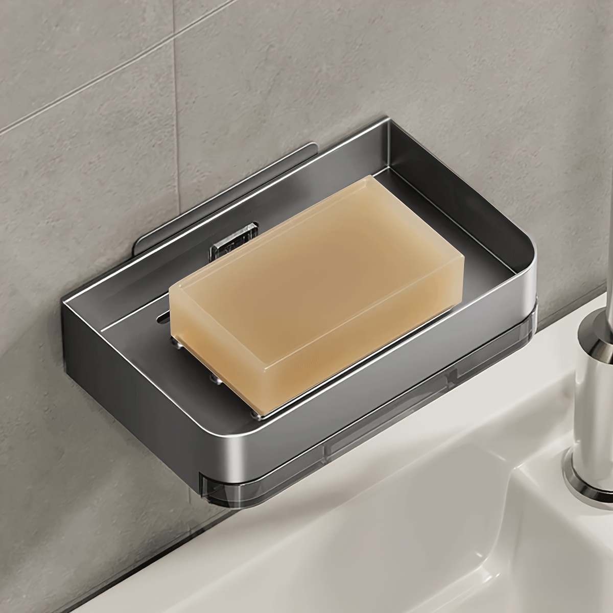 

Stainless Steel Soap Dish Holder With Drain Tray - Wall-mounted, No-drill Installation, Rectangular Design For - Sleek, Hand Soap Dispenser Storage Solution