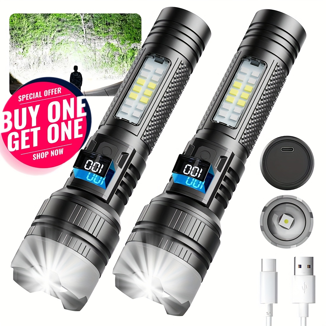 TEMU Buy 1 Get 1 Free, Total Of 2pcs High Rechargeable Led Battery Powered , 5 , Cob Side Light, Long Range, Durable Abs Torch For Camping & Emergency Outdoor Use, Rechargeable Flashlight