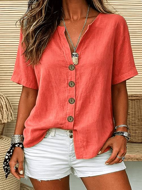 item picture womens shirt button design solid color casual daily wear short sleeve v neck regular style top suitable for spring summer and autumn