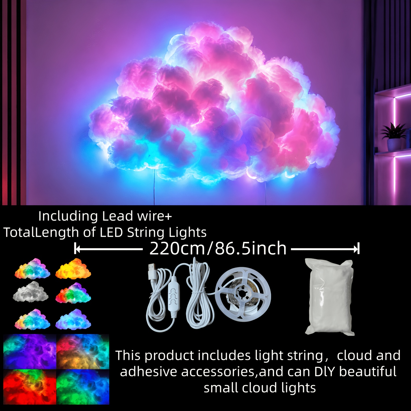TEMU Upgraded Thunder Cloud Night Light, Wall Mount Diy Color Changing Lamp With Music Sync, Usb Plug & , Ambient Decor Holiday Gift For Bedroom,