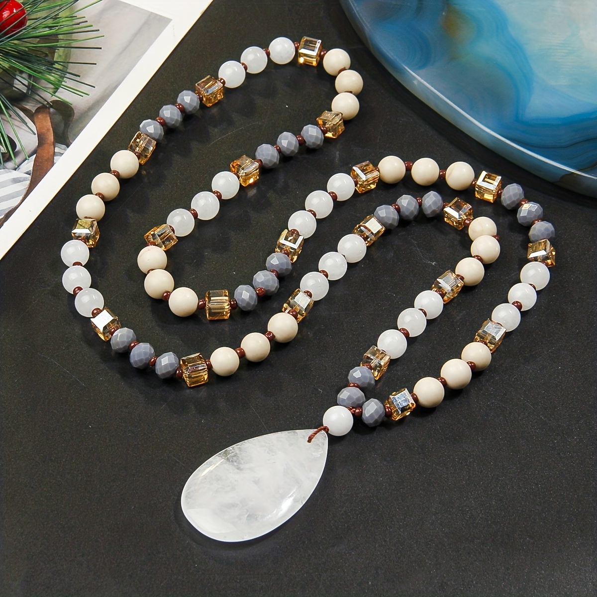 TEMU Natural Stone Beads Necklace With Hand-rolled Beads - 8mm Thick Bohemian Vintage, Natural Color For Women, Daily Wear & Special Occasions, Gift
