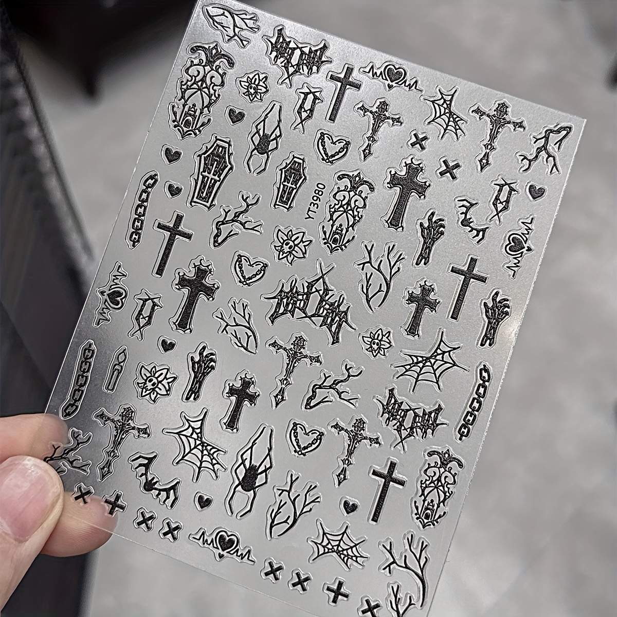 Gothic Dark Cross Nail Stickers - Self Adhesive , Bat And Web Design Halloween Nail/foot Decoration - Disposable Plastic Stickers, Fantasy Theme Nail, Semi Glossy Effect