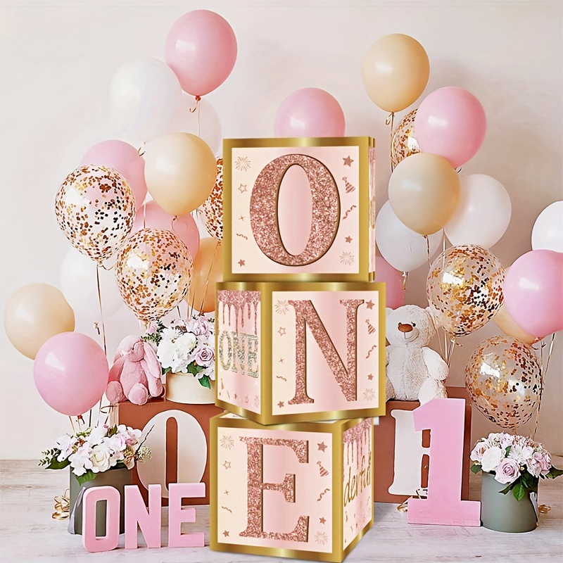 

3pcs Pink Rose Gold 1st Birthday Balloon Boxes For Baby Girl - Paper Cube Blocks For Baby Shower, First Birthday Party Decorations, Table Centerpiece, Photography Props Without Electricity