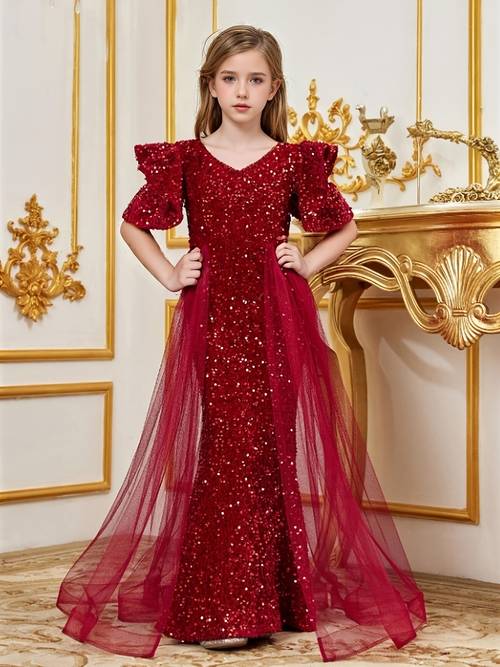 item picture girls red v neck sequined fishtail party dress short sleeve sleeves and mesh skirt design full length fitted sparkling beaded evening gown hidden back zipper closure suitable for special occasions wedding bridesmaid dress