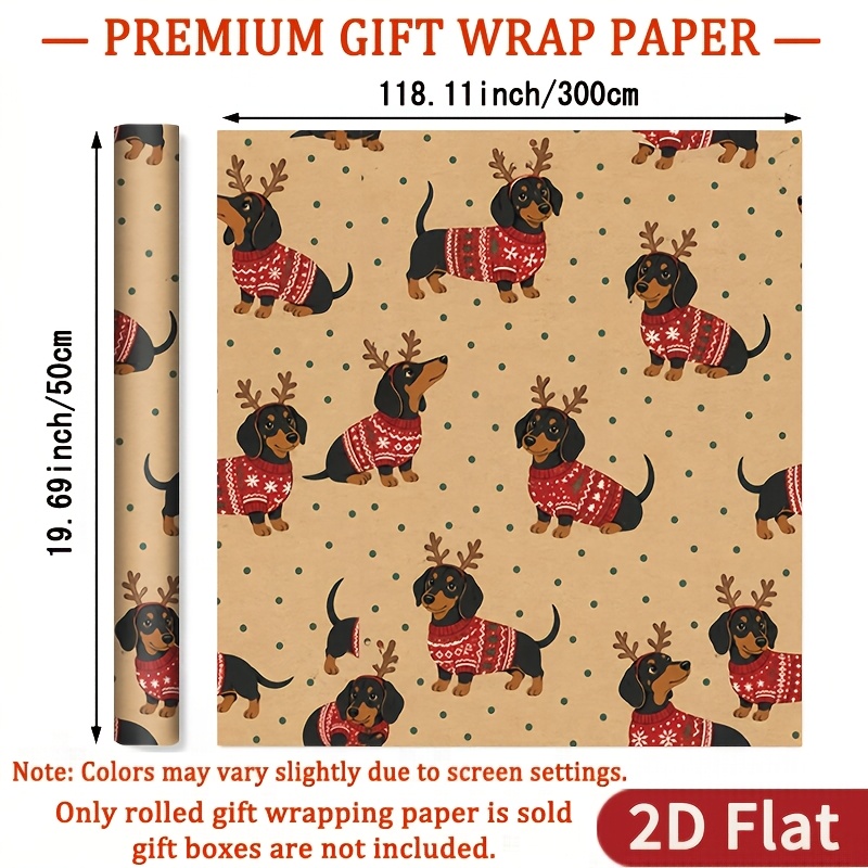 TEMU 1 Roll 2d Flat Dachshund Themed Wrapping Paper Gift Glossy Wrapping Paper - Light Brown Polka Dot Background + Dachshund In Red Sweater And