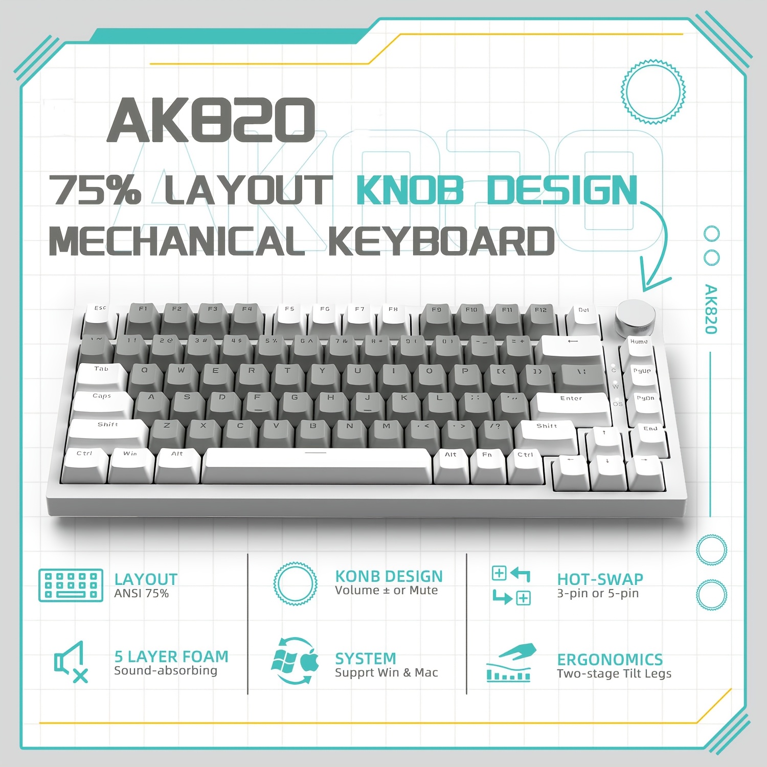 

Ajazz Ak820, A Wired Mechanical Keyboard With 75% Layout, Supports Hot-swappable 82 Keys, Features A 5-layer Structure, Volume Control Switch, Suitable For Office Work And Gaming.