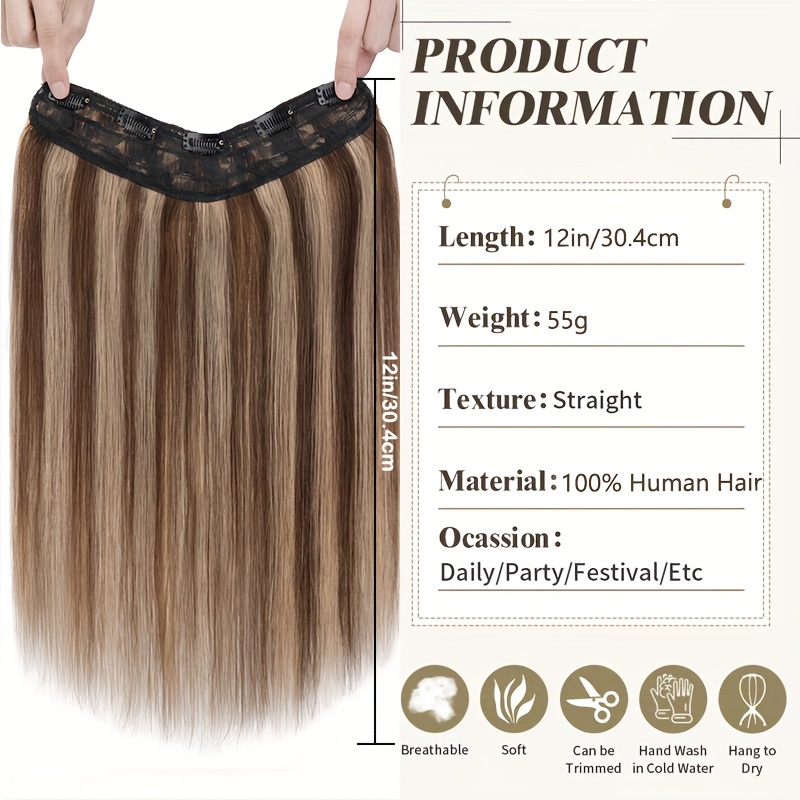 v shape clip in human hair extensions 12 inch double weft seamless clip in hair extensions human hair   v shape 100   human hair hairpieces for volume length black highlight details 2
