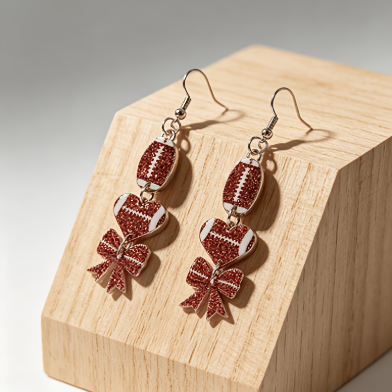 TEMU A Pair Of Heart-shaped Football Bow Earrings, Sports Style Game Support Pendant Earrings