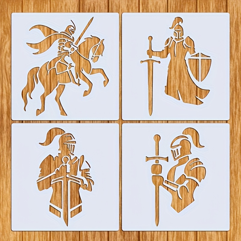 Image of Set Of 4 Medieval Knight Stencils, Pet Template For Historical Artwork, Ideal For Home Decoration, Fabric, Wood, Canvas, Wall Art, And Other Ornaments