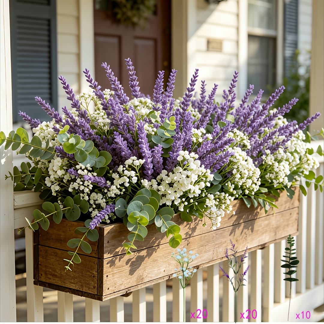 Image of 50pcs Mixed Artificial Outdoor Simulation Flowers, Purple Lavender, White 's Breath And Eucalyptus Branches, Theme Outdoor Artificial Bouquet, Premium Plant Design, Fade-resistant Artificial Greenery