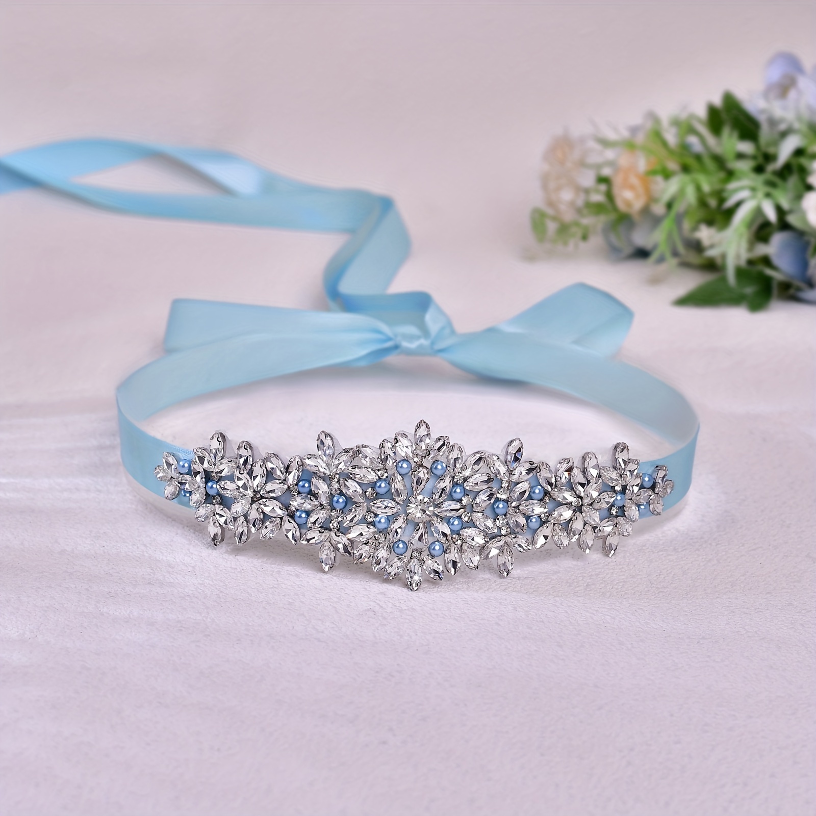 A Luxurious Light * Bridal Belt - a Wedding Dress Belt for Women - a  Sparkling Light Blue * Belt, Suitable for Evening Gowns, Formal Occasions,  And *