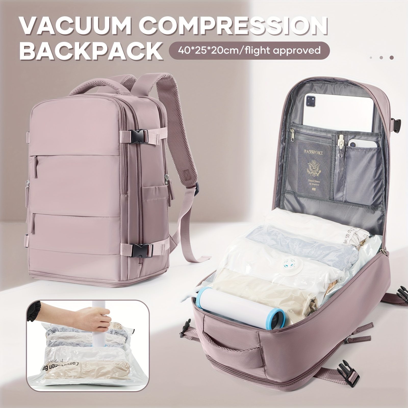 Bolso de Duffel para viaje, bolso de luggage 40*25*20, aprobado para vuelos, multifuncional, bolso de espalda para mujeres, bolso de compresión al vacuum con pulverizador al vacuum, artifato libre, reducción de espacio al 50%, combinación con esentiales para viaje familiar