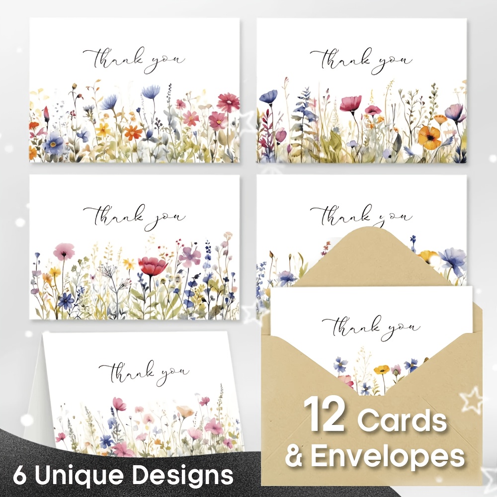 TEMU (12 Greeting Cards And 12 Envelopes) Watercolor Thank You Cards With Envelopes, Assorted Blank Floral Thank You Card Pack, Teacher Appreciation