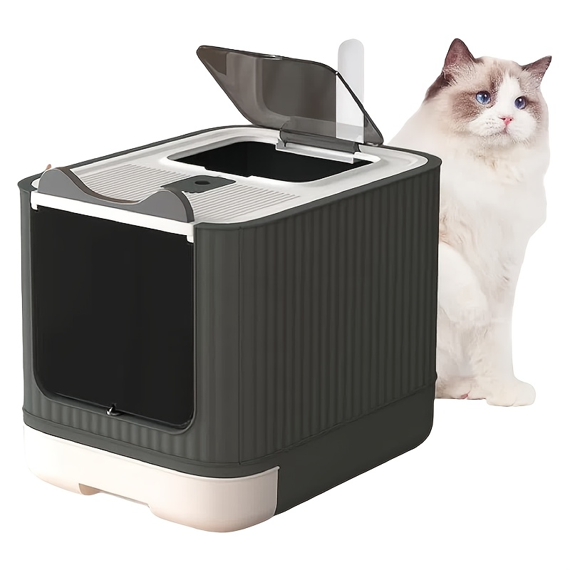 TEMU Upgraded Fully Enclosed Cat Litter Box With Lid, Covered Enclosure, Anti-splashing Easy To Litter Boxes With Drawer, 3 Can Use From Kitten To Adult (white&grey)