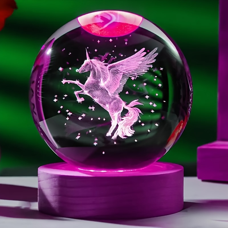 

1pc Unicorn 3d Laser Engraved Crystal Ball With Wooden Colorful Led Lamp Holder, Home Decoration Ornaments, For Girlfriend, Colleague, Wife's Birthday, Valentine's Day Gift, Night Light, Glass Ball