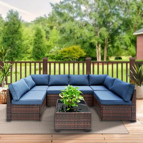 7pcs rattan patio conversation set weather resistant outdoor furniture set with 1 coffee table 6 seats outdoor patio sofa sets with curvy back and