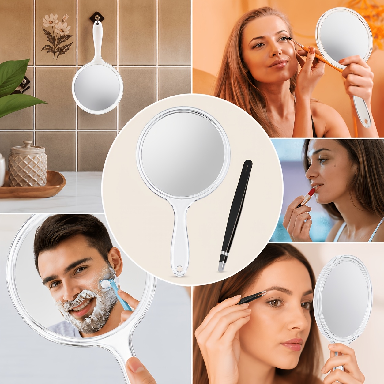 2pcs Portable Double-Sided Makeup Mirror & Tweezers Set