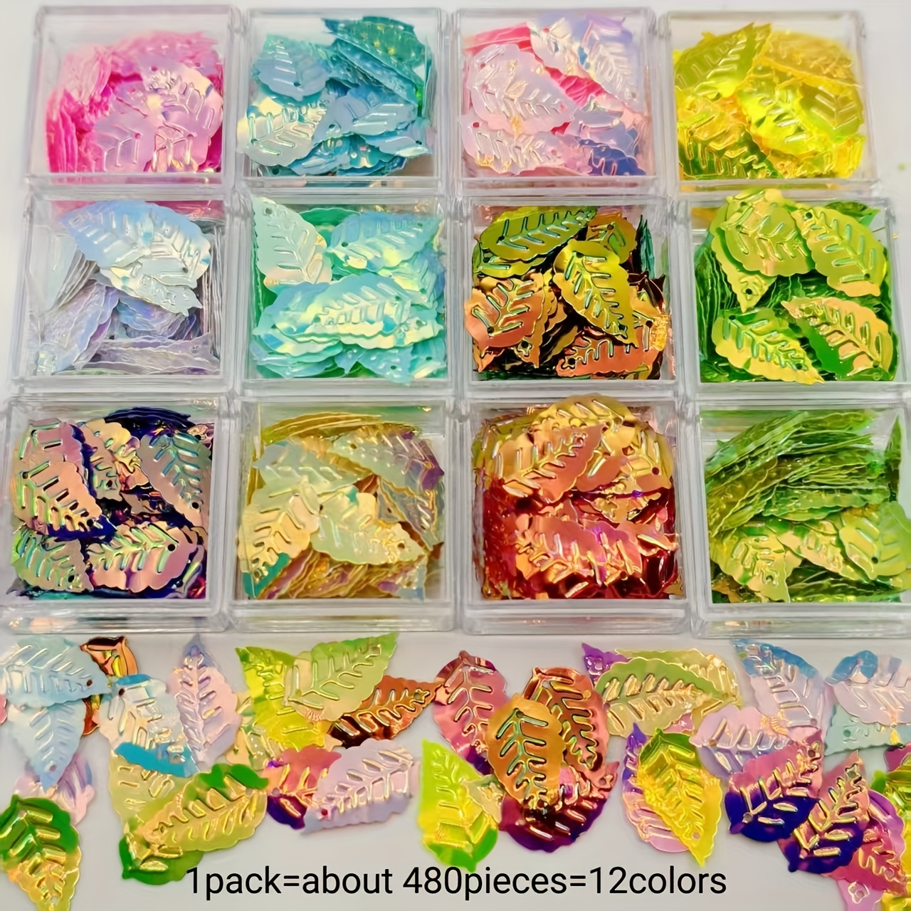 TEMU 13 X 25Mm 12 Colori 480pz Paillettes a Foglia Multicolore - Foglie di Plastica Multicolore per Artigianato, Nail Art, Creazione di Gioielli,