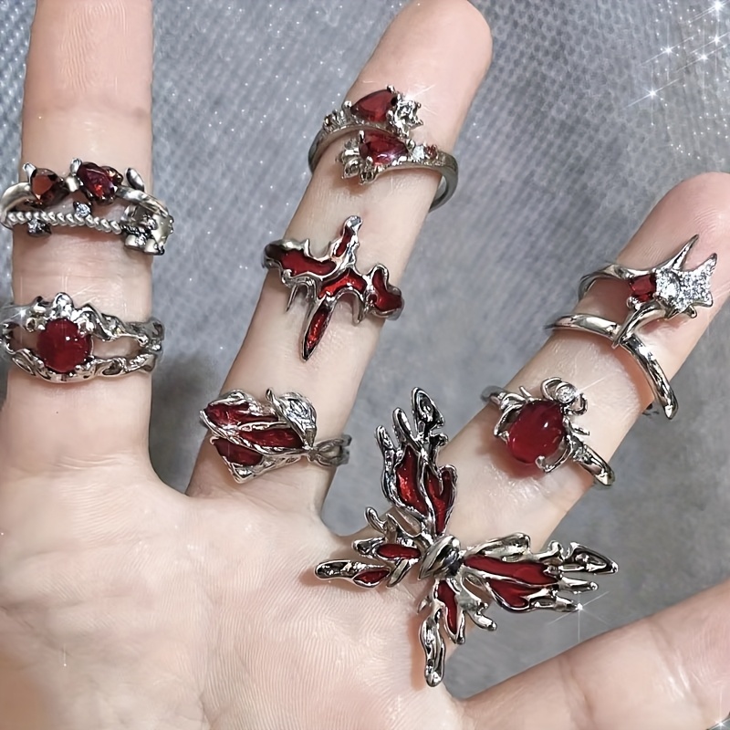 TEMU Uniquely Designed Red Zirconia Rings In Of Hearts, Perfect For Who Love Y2k Gothic Spider Themes, Ideal For Creative Rock Party Jewelry.