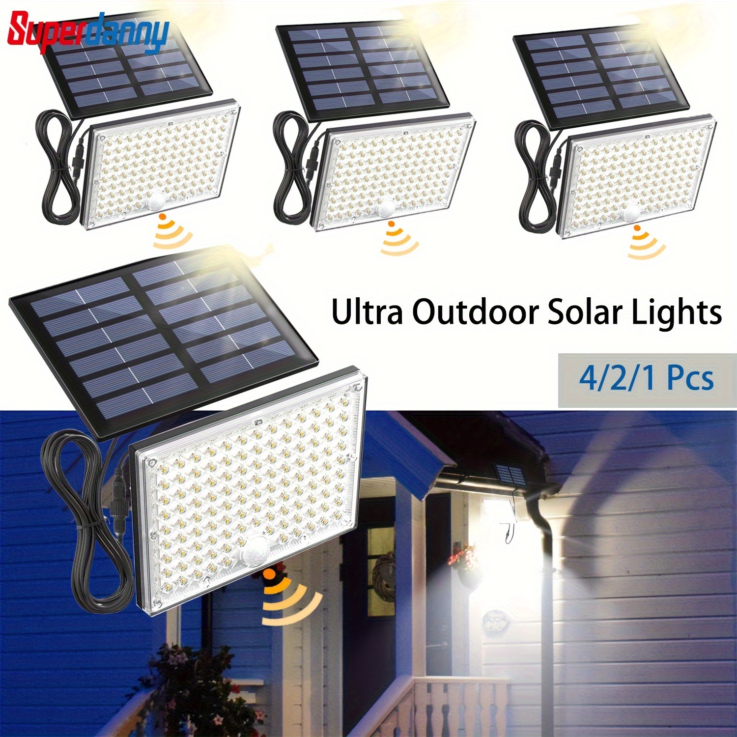 

Superdanny 1pc/2pcs/4pcs Solar Outdoor Lights With 113 Bright Leds 9000k, Motion Sensor Outdoor Flood Lights With 16ft Cable Security Light For Outdoor Patio, Garage, Pathway, , And Lawn Lighting