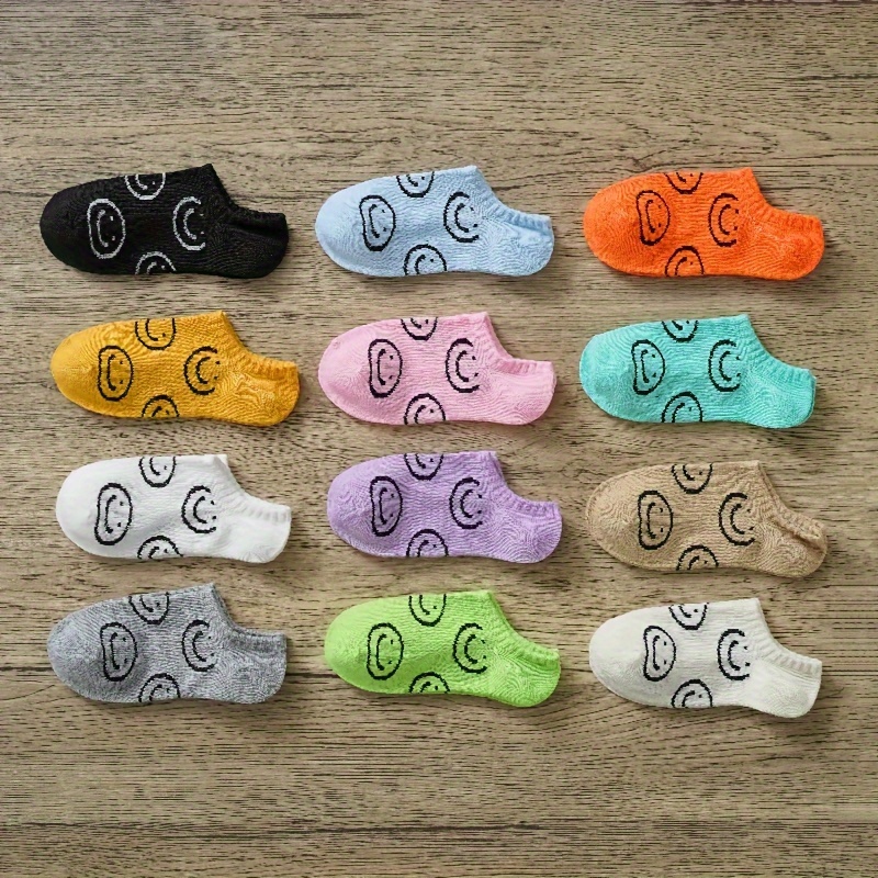 

12 Pairs Of Kid's Funny Face Print Low-cut Socks, Comfy & Breathable Soft & Elastic Thin Socks For Spring And Summer