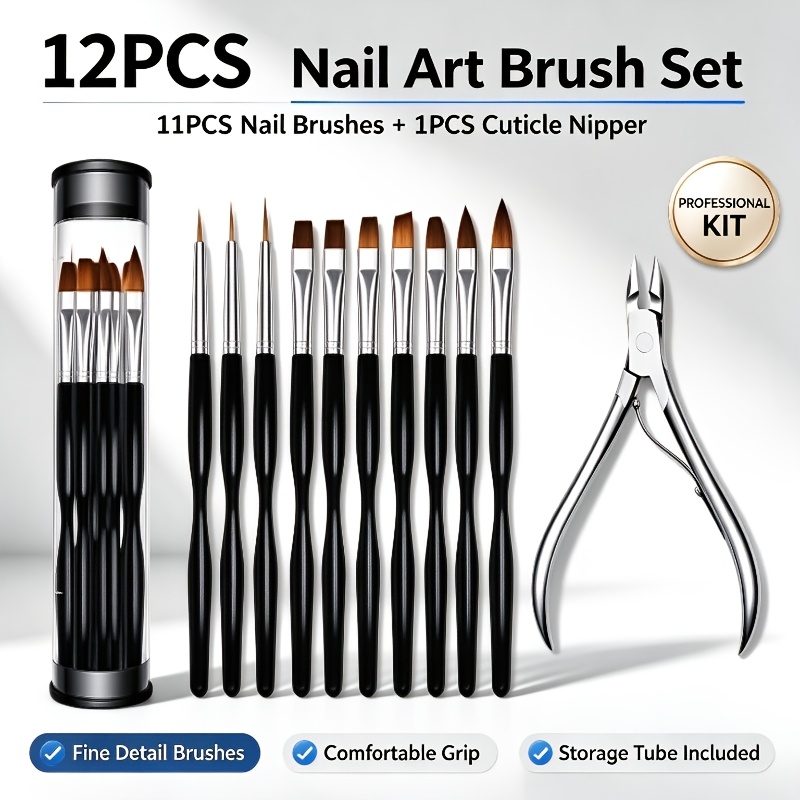 Image of 12pcs Nail Brush Set With Cuticle Scissors, Professional Nail Art Pen Tool Kit, Multi-shaped Nylon Brush Head Nail Tools, Salon And Home Manicure Supplies