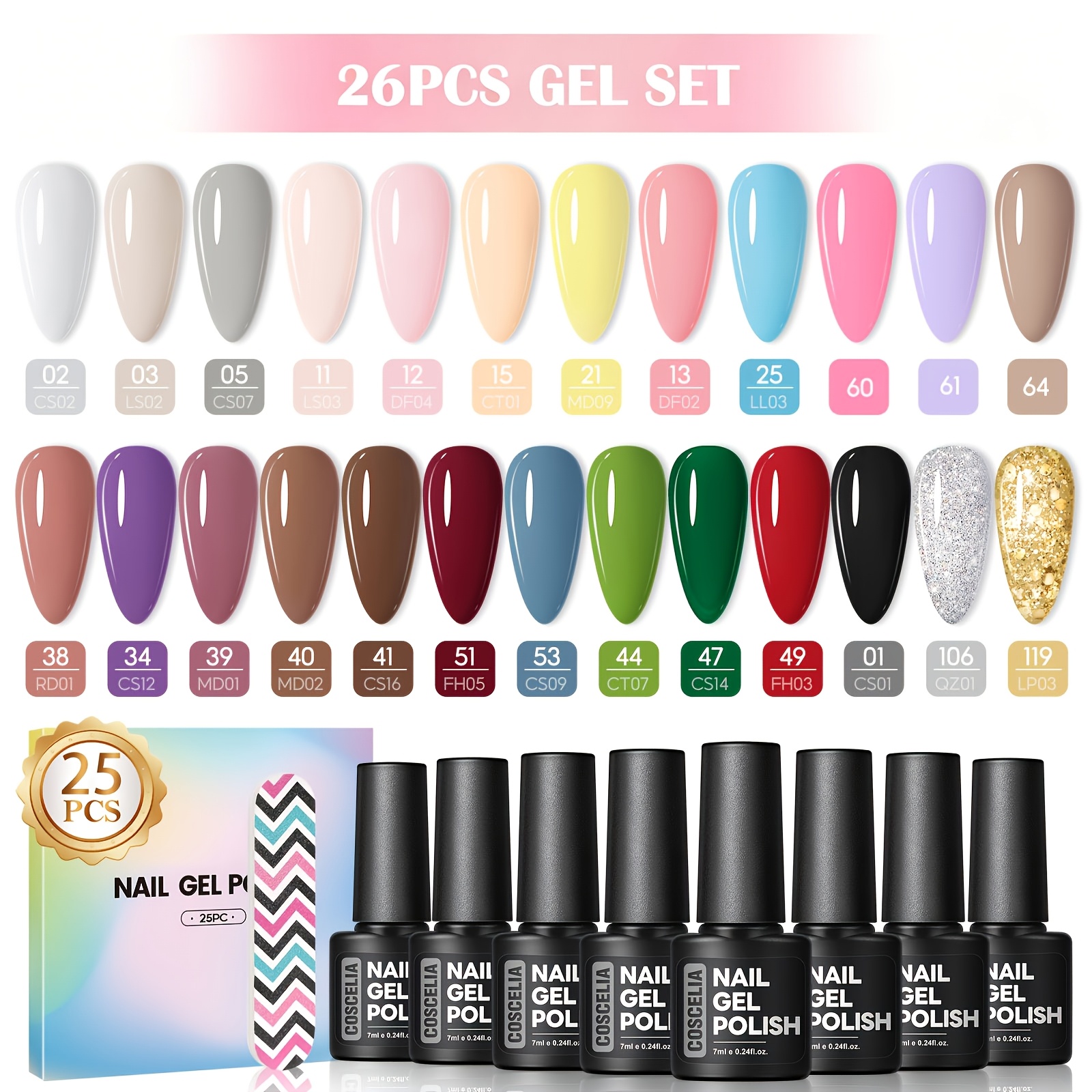 Image of Coscelia 26pcs Gel Nail Polish Set 25 Colors Multiple Colors Soak Off Long Lasting Gel Polish Set With Nail Files For Women Manicure Salon Diy At Nail Art Design Gift