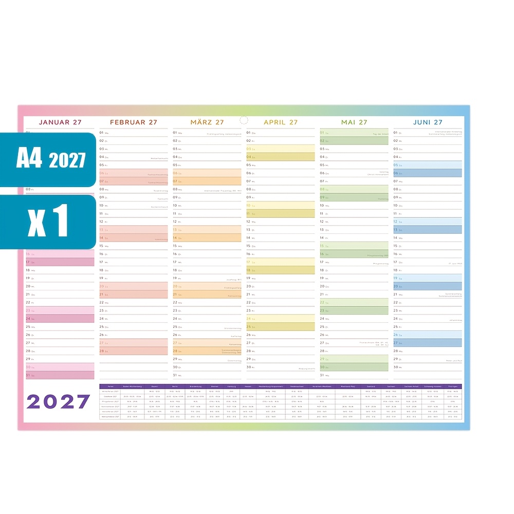 TEMU Calendario da Parete 2027 - Calendario da Muro A4 a (Gen 2027-Dic 2027) con Festivit� Scolastiche Tedesche e , Linguette Adesive Facili da