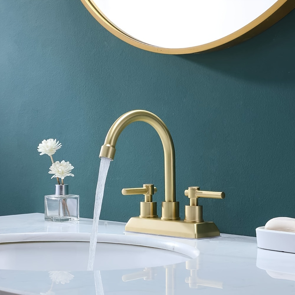 

Modern 2 Handle 4 Inch Centerset Brushed Golden Bathroom Faucet Lavatory Swivel Spout Vanity Bathroom Sink Faucet With Water Supply Lines & Pop-up Drain