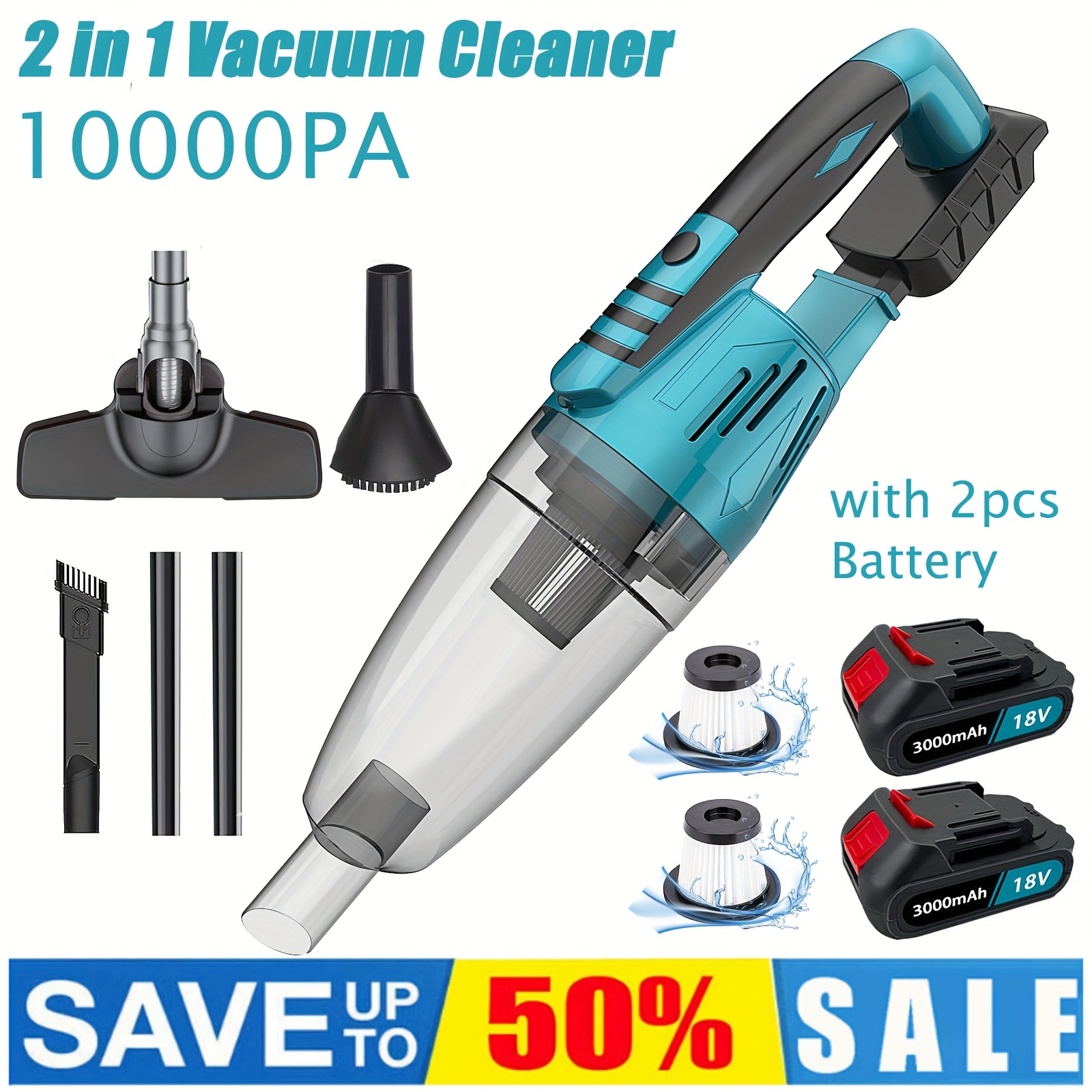 Image of 18v Cordless Handheld Vacuum Cleaner, 180w 10kpa Cleaner Strong Suction With 2pcs 3.0ah Battery & Charger, Portable Vacuum For Pet Hair Wood Floor Carpet Sofa Car Cleaning