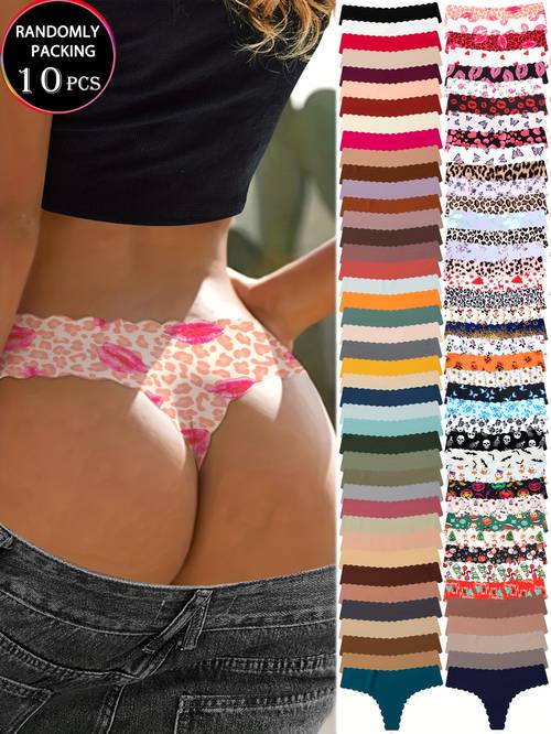 hot item pack of 10 mix thongs wavy edge fabric seamless floral leopard print red lips starry sky multi pattern high cost performance set