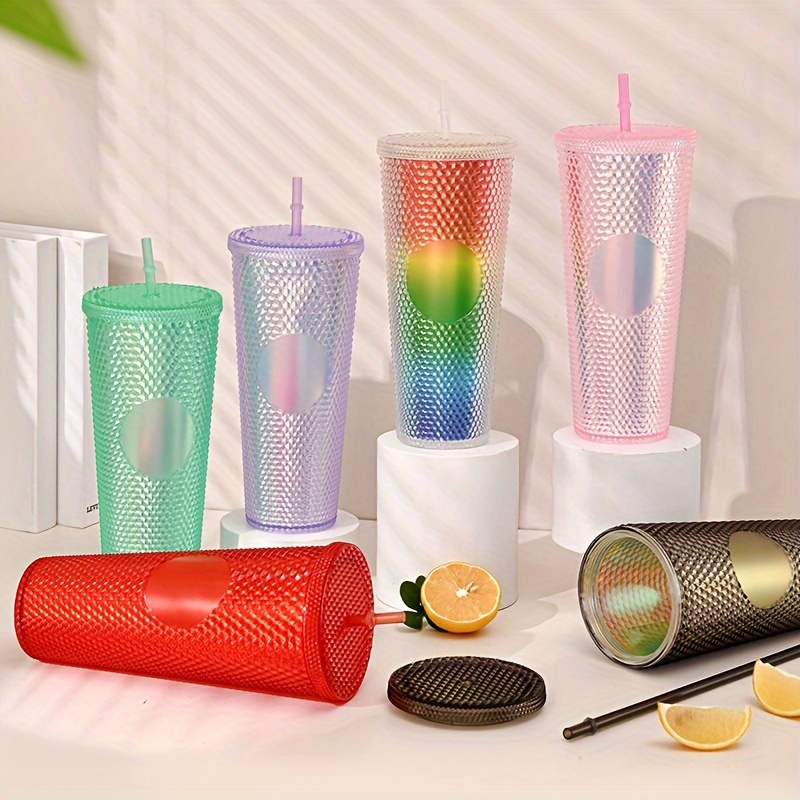 

1pc, 710ml/24oz Studded Tumbler With Lid And Straw, Reusable Plastic Cup, Double Walled Shiny Travel Tumbler For Iced Coffee Cup, For Cold Water, Smoothie, Wide Mouth, Spill Proof