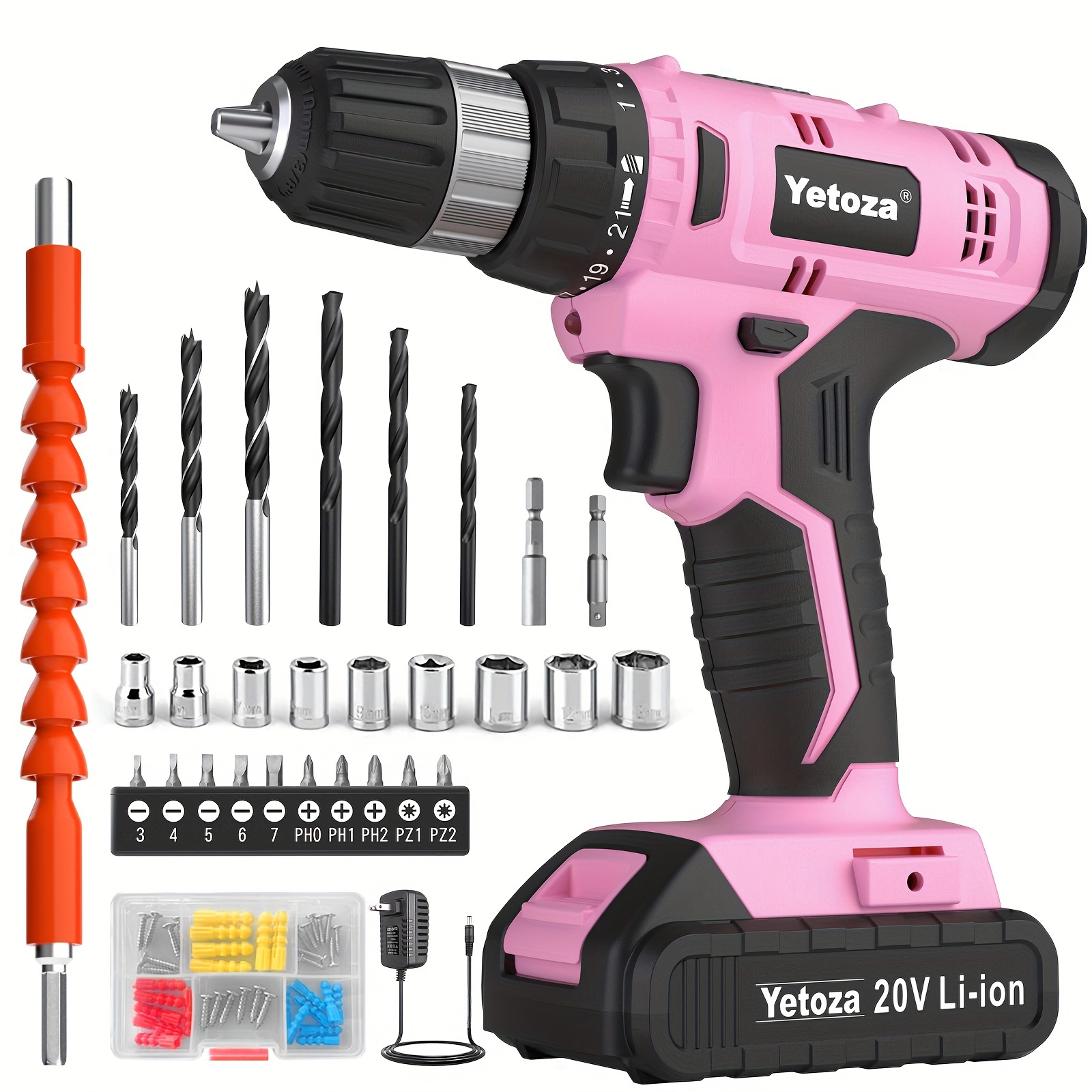 

Cordless Drill Set, 20v Electric Power Drill With Battery And Charger Pink