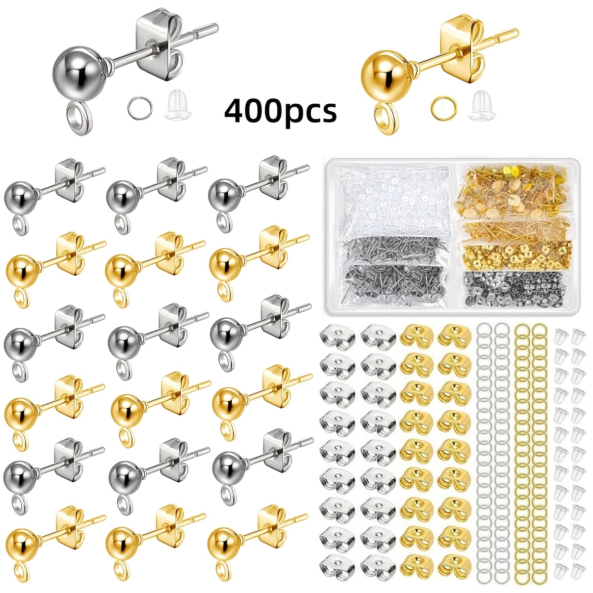 TEMU Lot de 400 tiges de boucles d'oreilles à tête boule en acier inoxydable, hypoallergéniques, avec attaches à boucle, fournitures pour tiges de