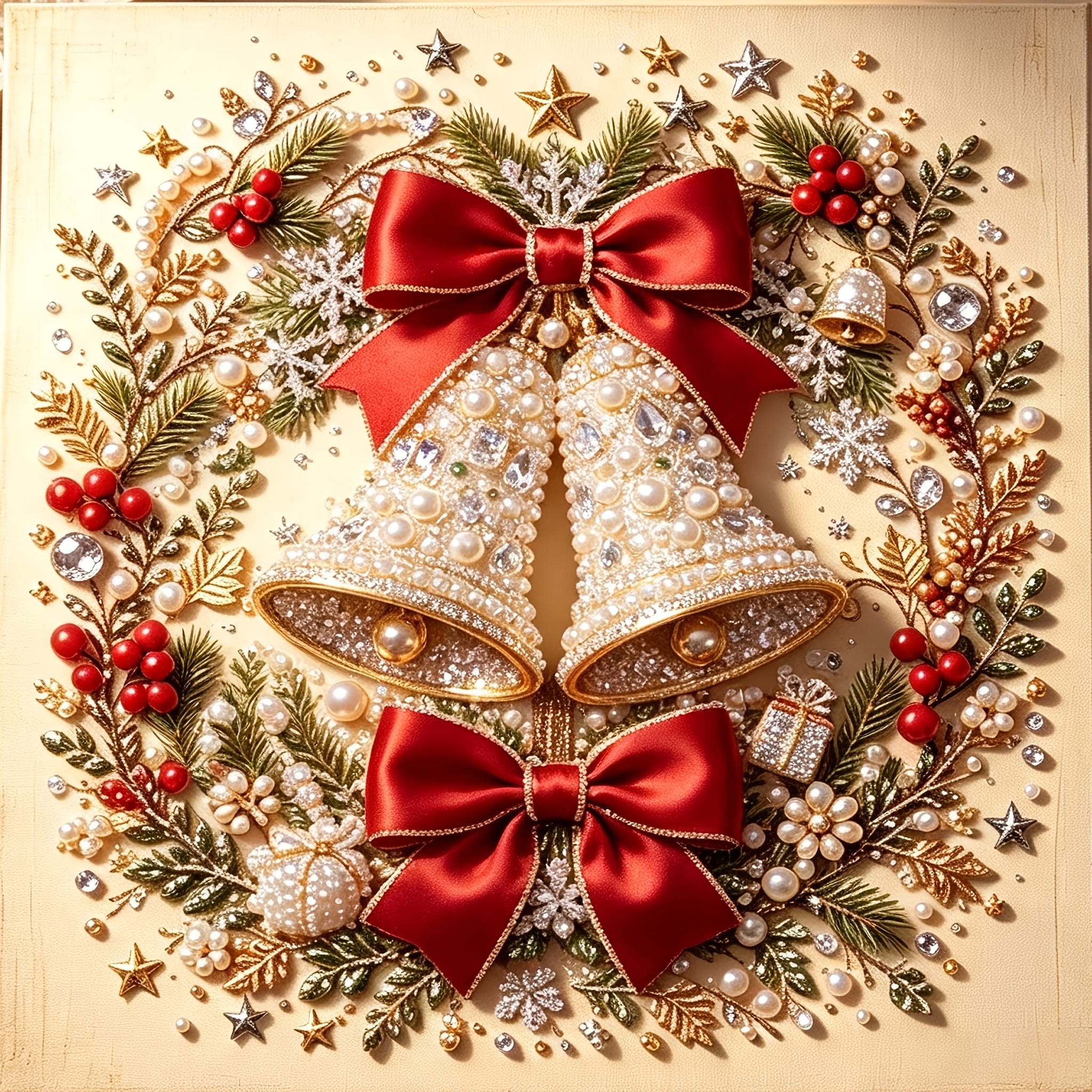 TEMU Vintage Christmas Double Bell Diamond Pearl Painting, Light Luxury Red Bow Pine Branch Textured Canvas, Christmas Living Room Bedroom Ambiance,